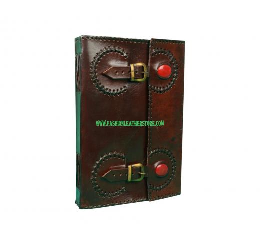Two Red Stone  Embossed Leather 120 Page Unlined Journal with Clasp C - lock New Handmade Leather Note bok
